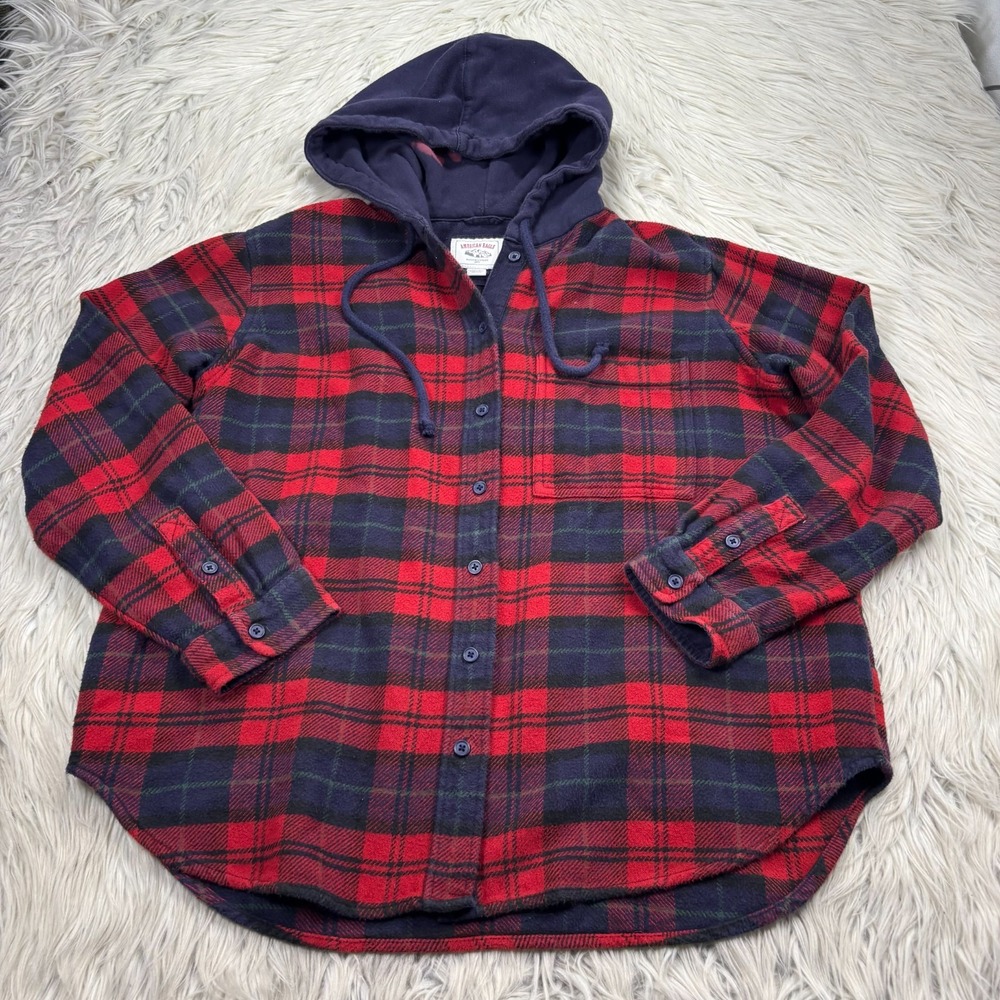 American Eagle Women's S Oversized Red Navy Plaid Hooded Flannel Shirt Grunge